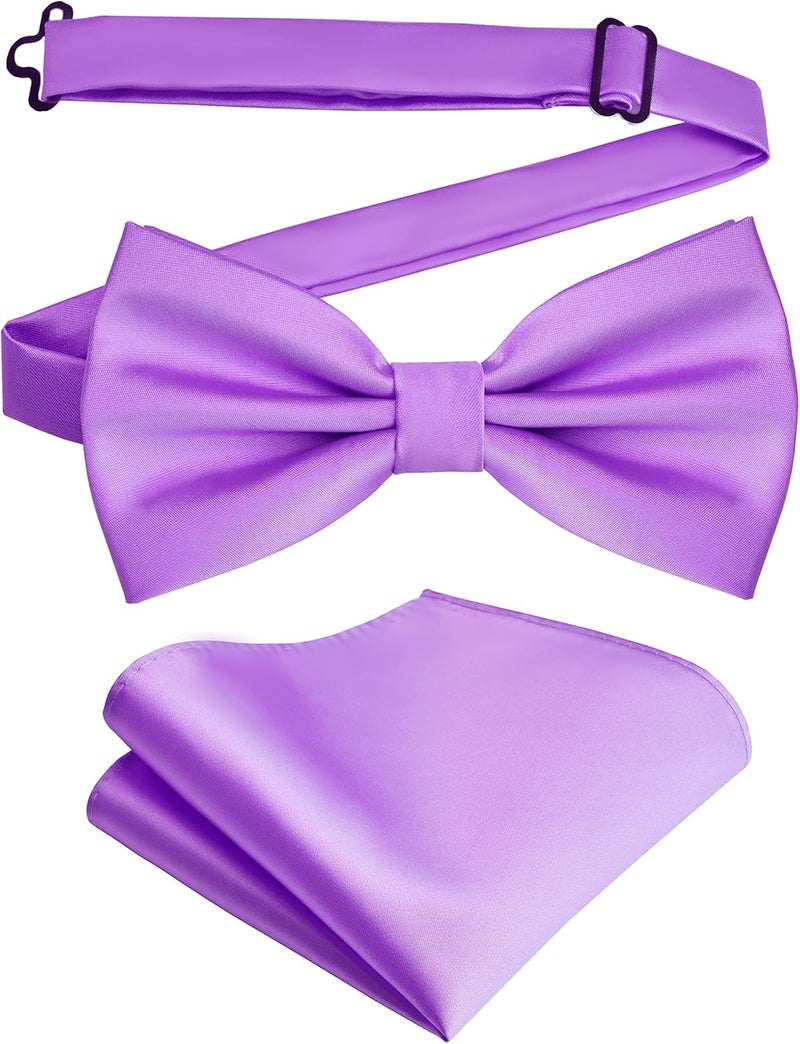 Branduce Mens Solid Color Double Fold Pre-tied Bow Tie and Pocket Square Set - Image 1